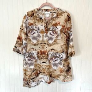 Peck & Peck Tunic Top Womens Small Floral Linen Split Neck Asymmetric Hem Tan